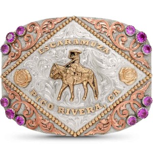 A custom belt buckle for women featuring an escaramuza mexican cowgirl built on a silver plated base with roses and copper scrolls 